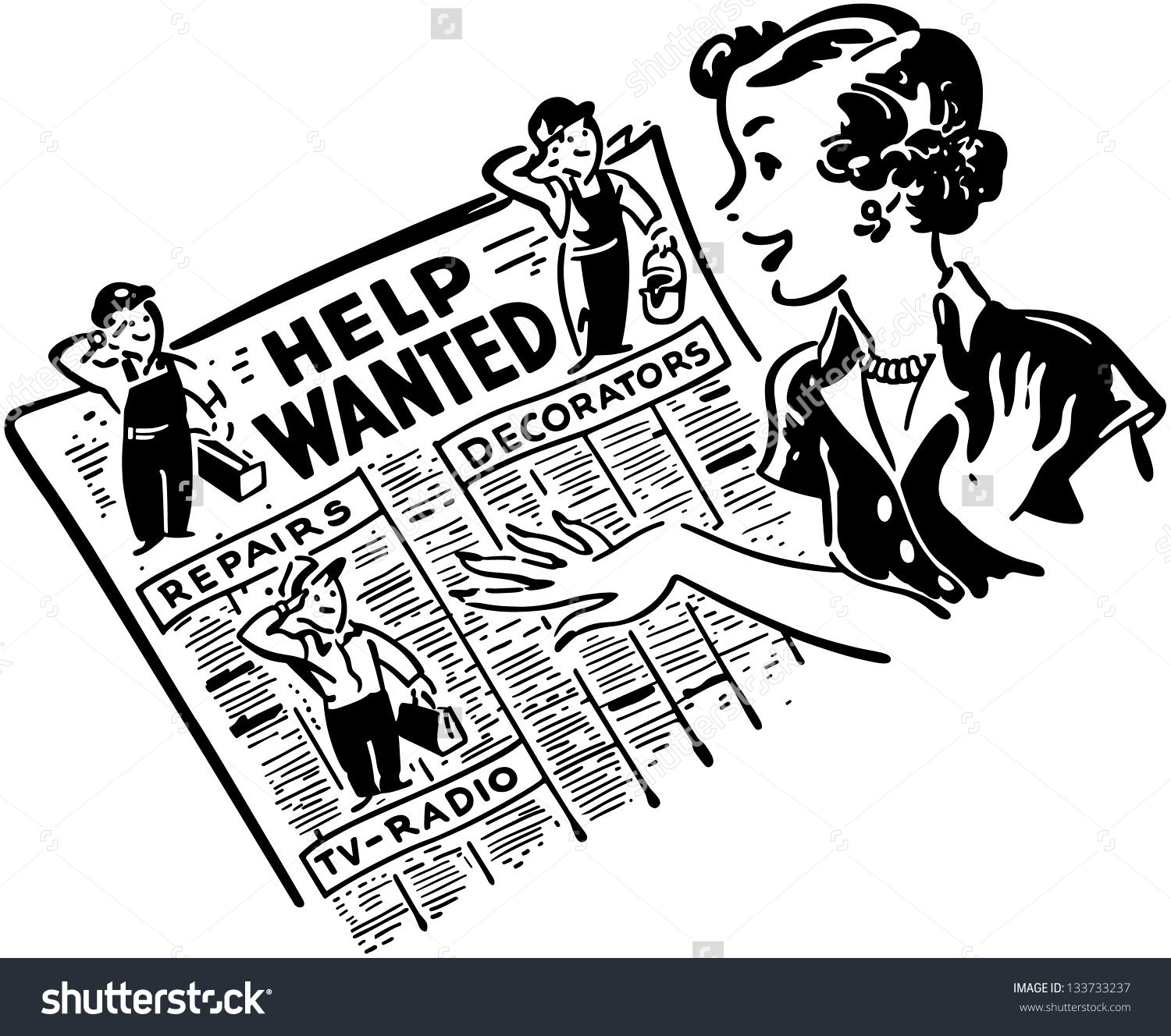 Gal Reading Help Wanted Ads - Retro Clip Art Illustration