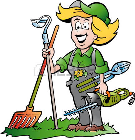 garden maintenance: Vector Cartoon illustration of a Handy Gardener Woman standing with he Garden Tools