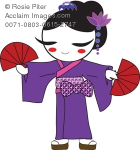 Clip Art Illustration of a Geisha Girl Dancing with Fans in a Purple Kimono