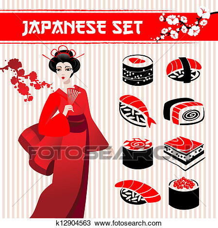 Clipart - Japanese set: traditional food sushi, geisha and branch of  sakura. Fotosearch