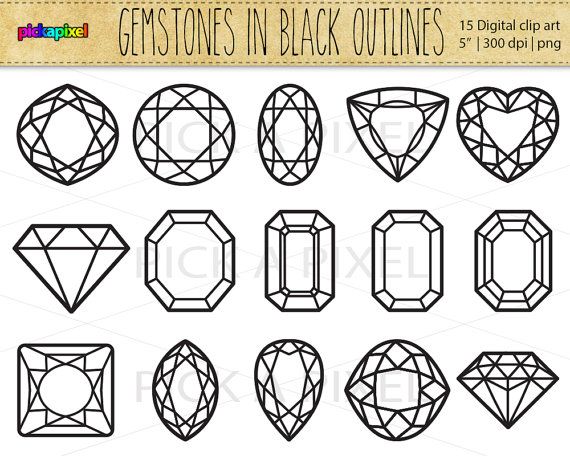 Gemstones, Diamonds in Black outlines - Digital clip art - Diamonds -  Personal and Commercial Use