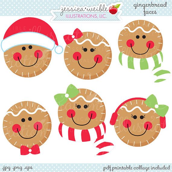 Gingerbread Faces Cute Christmas Digital Clipart, Commercial Use OK, Christmas Clipart, Gingerbread Graphics