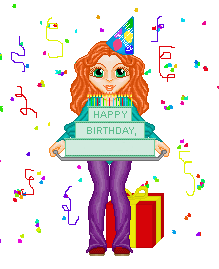 girl carrying a birthday cake wityh animated confetti