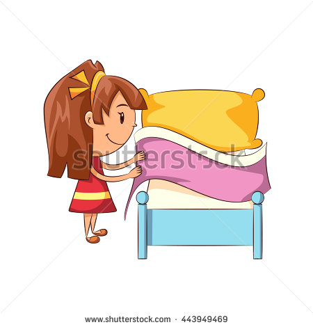 Girl making bed, vector .