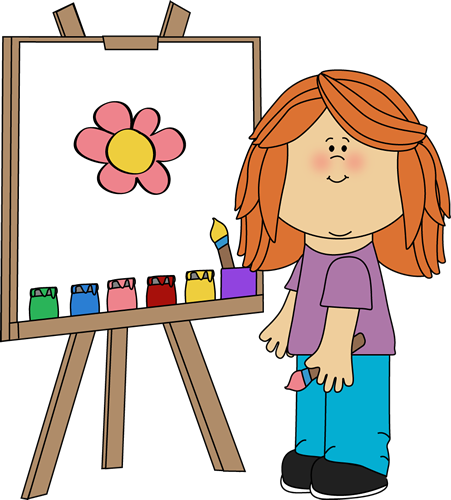 Girl Painting on Easel - Art Class Clip Art