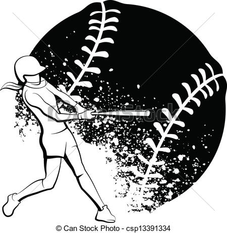 Girl Softball Batter - Black and White vector illustration.