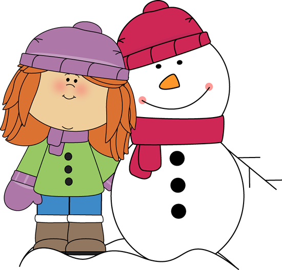 Girl with Arm Around Snowman - Winter Images Clip Art