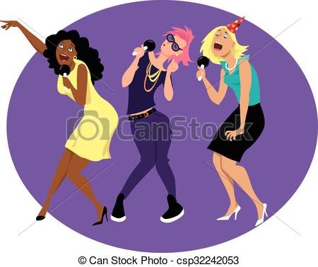 ... Girlsu0026#39; night out - Three young funny woman singing karaoke.