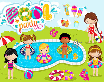 Girls pool party clipart , pool clipart, pool party digital clipart / instant download - EPS and PNG