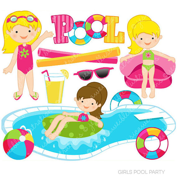 Girls Pool Party Cute Clipart, Pool Party Clip Art, Summer Party, Swimming Pool