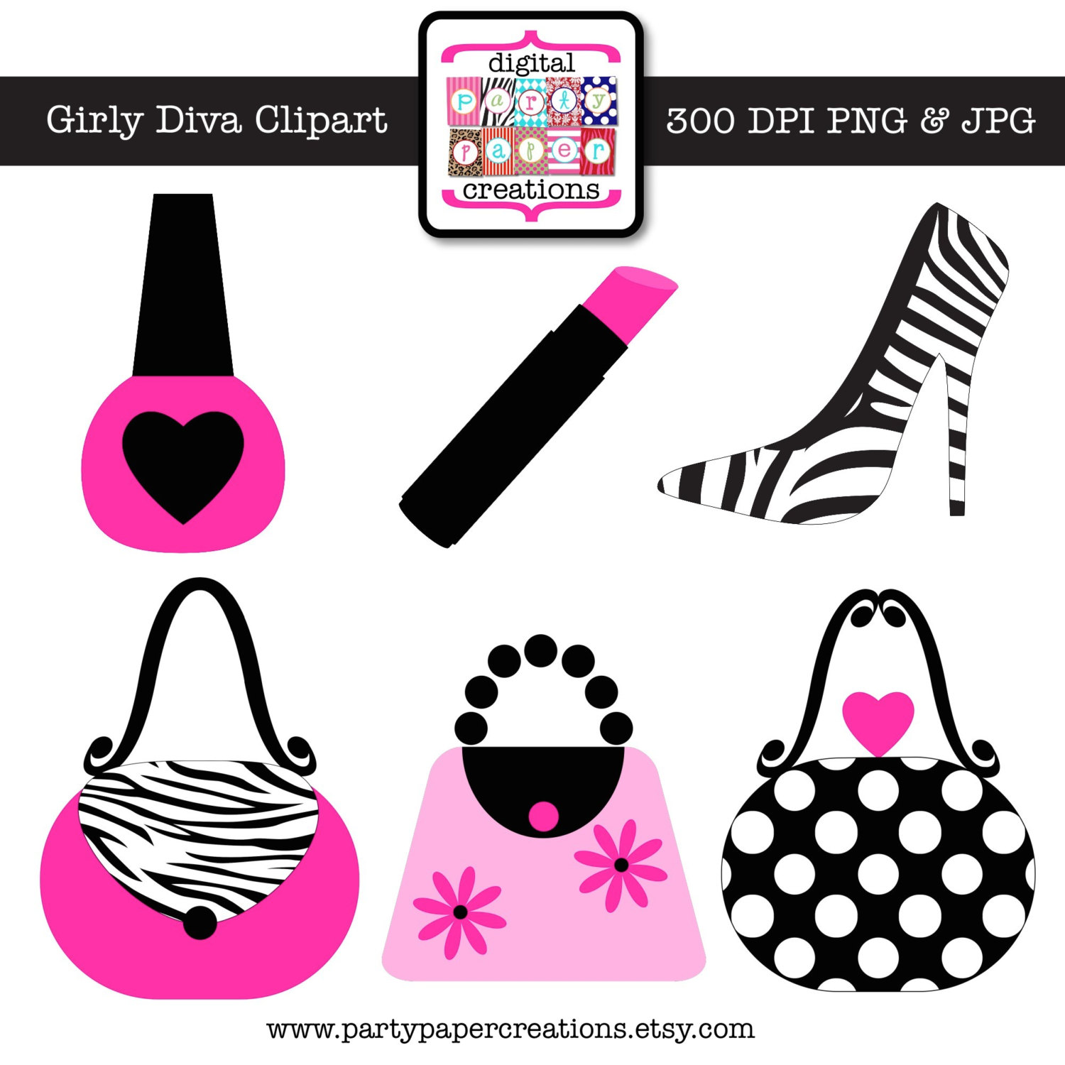 Girly Diva Clipart - Graphic Design - Hot Pink Zebra Print Makeup Purse Shoe Clipart