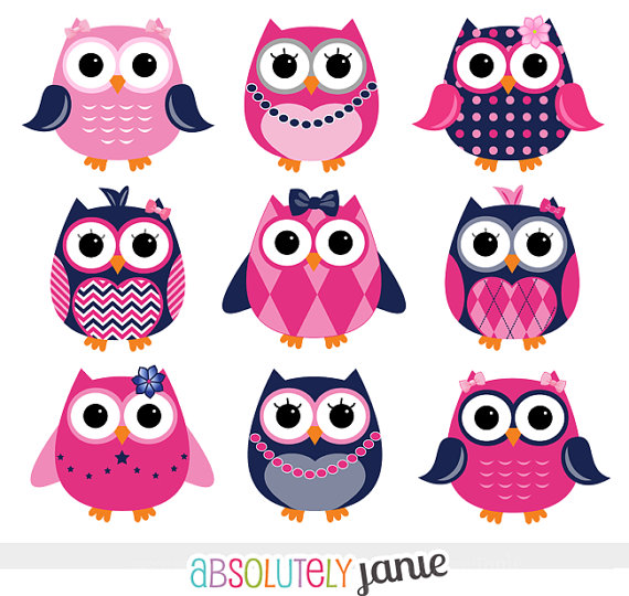 Girly Navy Pink Owls Digital Clipart Cute Clip Art For Personal Or