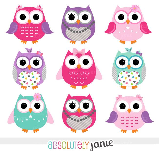 Girly Pink Purple Owls Digital Clipart - INSTANT DOWNLOAD - Clip Art Commercial Use. $5.00