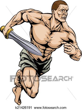 An illustration of a warrior or gladiator man character or sports mascot  holding a sword