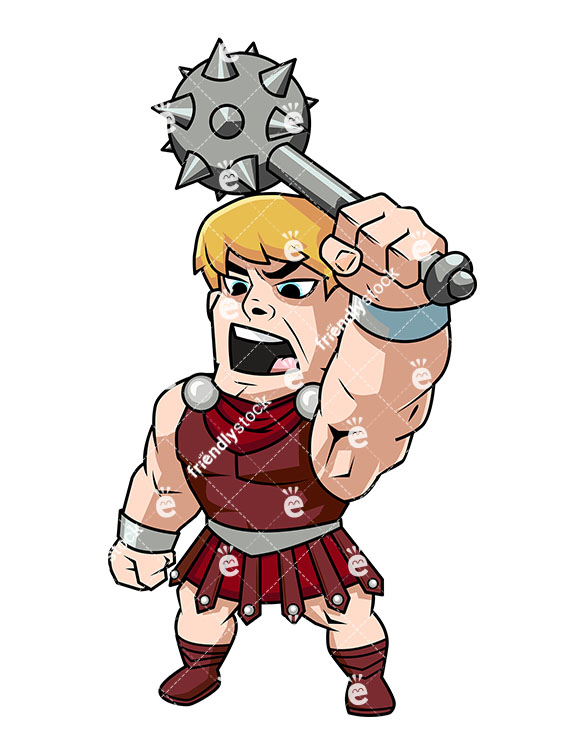 Victorious Gladiator Shouting While Raising His Mace - Cartoon C