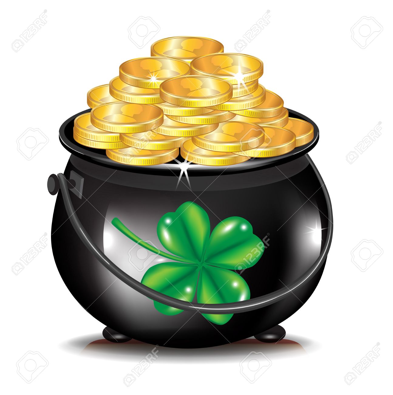golden coins in black pot and .