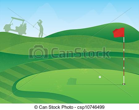 ... Golf Course Hole - Golf Course Layout with Red Flag and Ball.