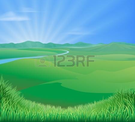 grassland: An idyllic rural landscape illustration with rolling green grass hills and a sun rising