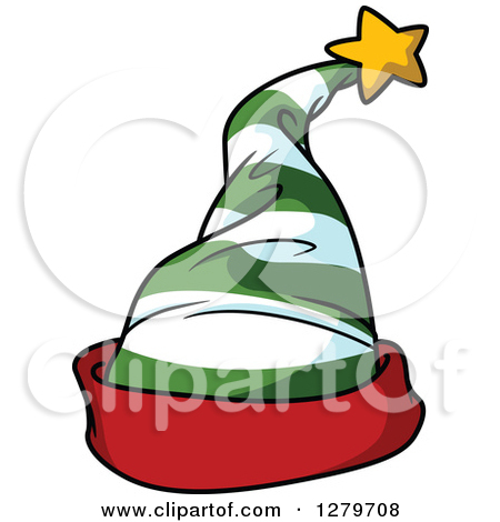 Green And White Striped Christmas Elf Hat With A Red Rim by Vector Tradition SM