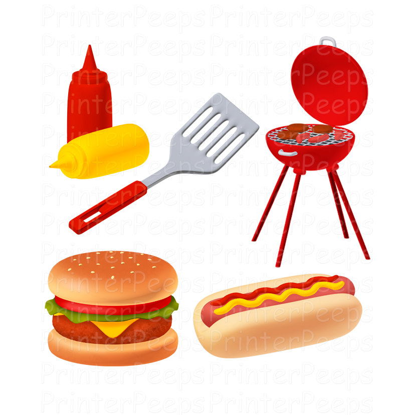 Grill Clipart Scrapbook Pack Digital Scrapbooking Cook Out Barbecue Summer Hamburger Hotdog Spatula Ketchup and Mustard Food