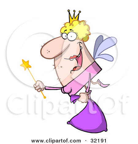Grinning Blond Fairy Godmother Or Tooth Fairy Flying With A Wand And Bag by Hit Toon