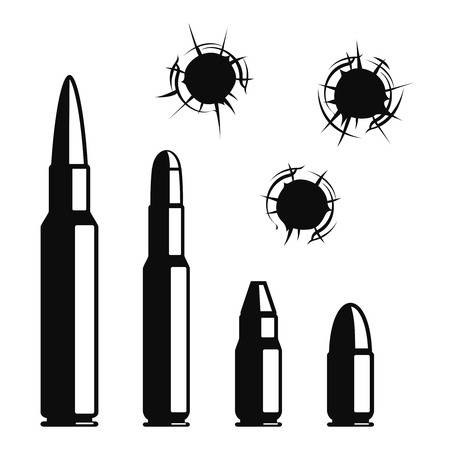 Vector bullet holes set. Violence and crime, gunshot and military, hit and  ammunition