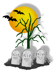Halloween clip art of a tree scene graves and bats and moons ...