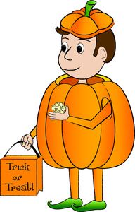 Halloween Costume Clipart Image: A cartoon kid in a pumpkin costume holding a trick or