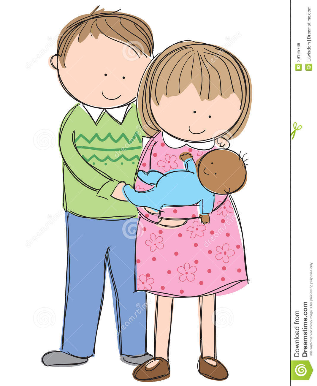Hand Drawn Picture Of New Parents Holding Adopted Child Illustrated