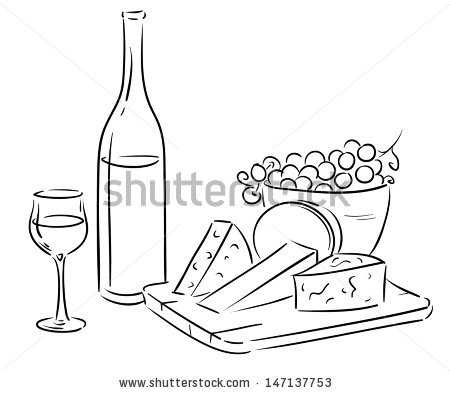 Hand drawn, vector wine and cheese serving