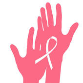 ... Hands holding breast cancer ribbon, vector illustration.