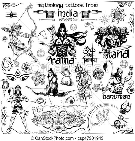 illustration of Tattoo art design of Lord Rama, Ravana and Hanuman  collection