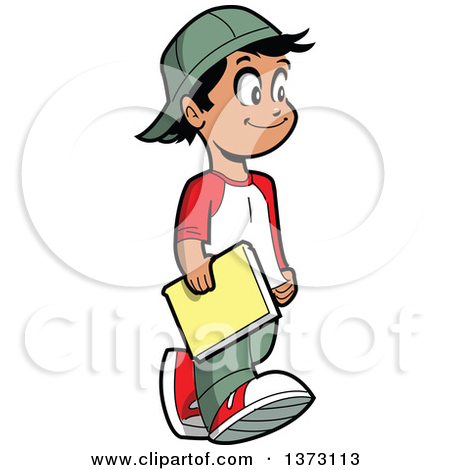 Happy Casual Hispanic Boy Walking And Carrying A Book by Clip Art Mascots