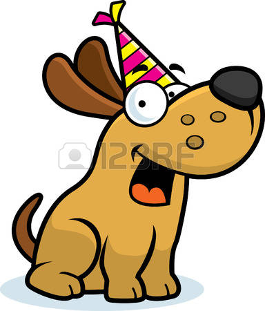 happy dog: A cartoon illustration of a little dog with a party hat on.