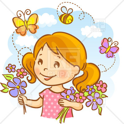 Happy girl holding flowers on sky background with flying bees and  butterflies, 29905, ClipartLook.com 