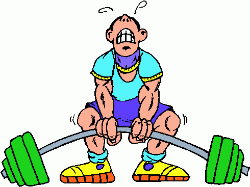 Hilarious Cartoon Weightlifter Sports Clipart: funny cartoon guy strains and sweats to lift the heavy