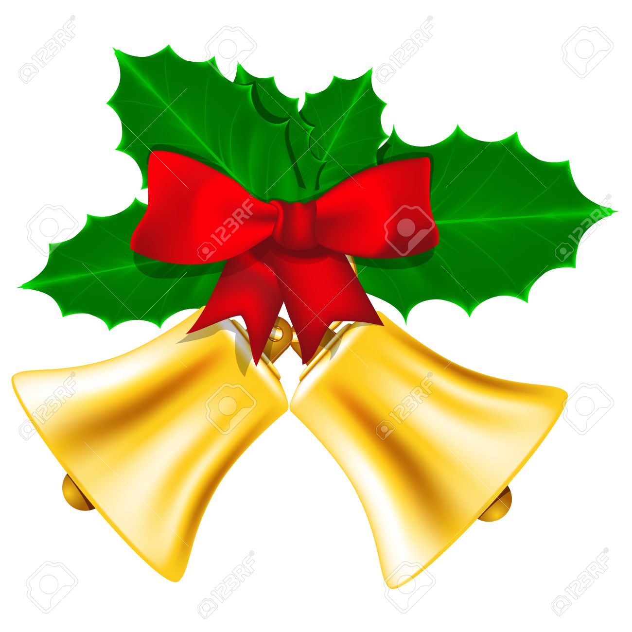 holly leaves: Golden Christmas bells with red bow and leaves of holly