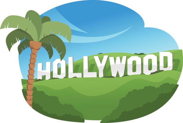Hollywood sign over a green hill vector art illustration
