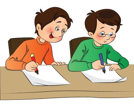 Vector illustration of boy copying from other students paper during  examination.