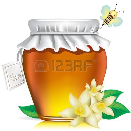 honey pot: honey jar with tag, flowers and honey bee on white