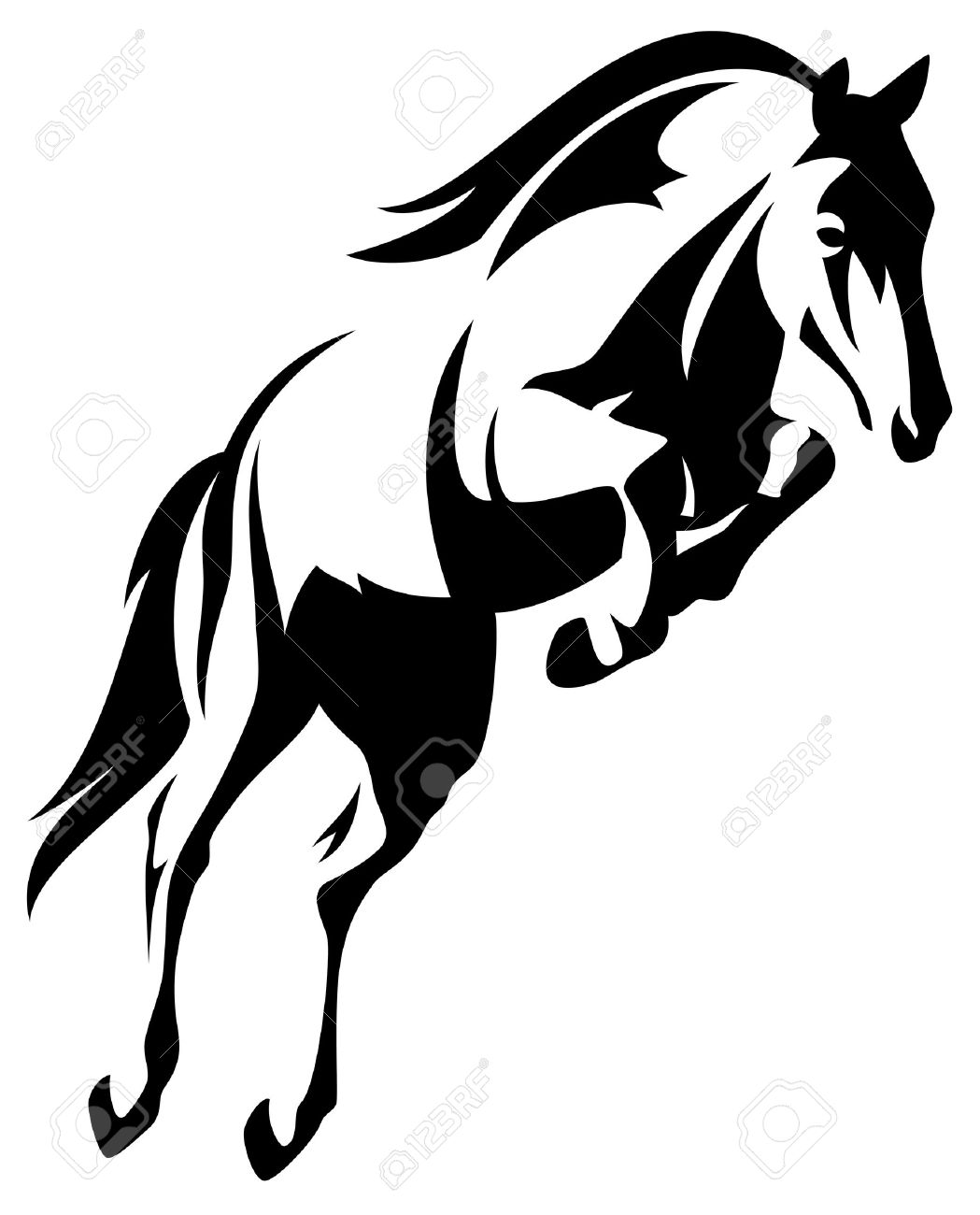 horse jumping: beautiful jumping horse black and white vector outline