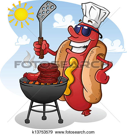 Hot Dog Cartoon Character Grilling