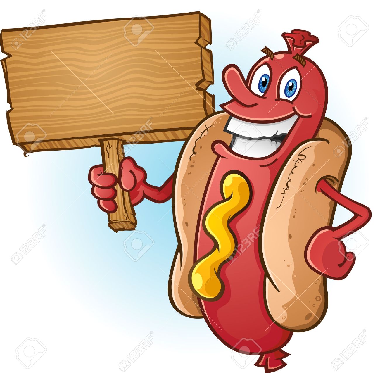 hot dog: Hot Dog Cartoon Holding a Blank Wooden Sign