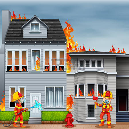 house fire: Firemen at the sc - House On Fire Clipart