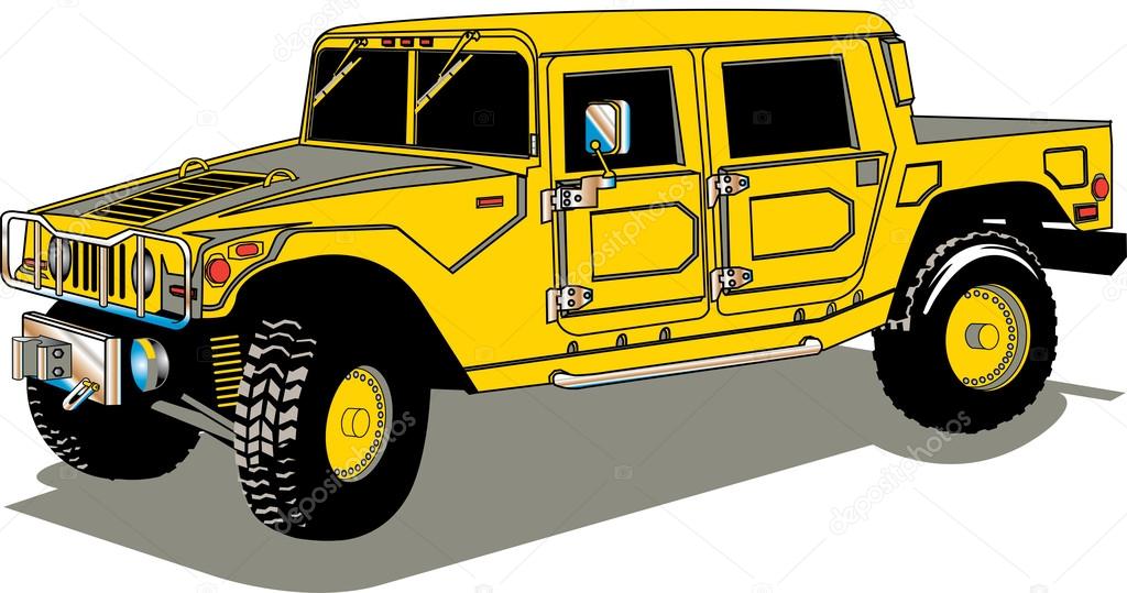 Big yellow hummer H2 vehicle with a truck bed u2014 Stock Vector
