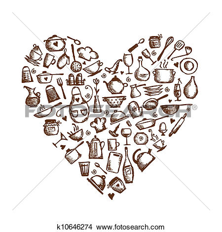 I love cooking! Kitchen utensils sketch, heart shape for your design