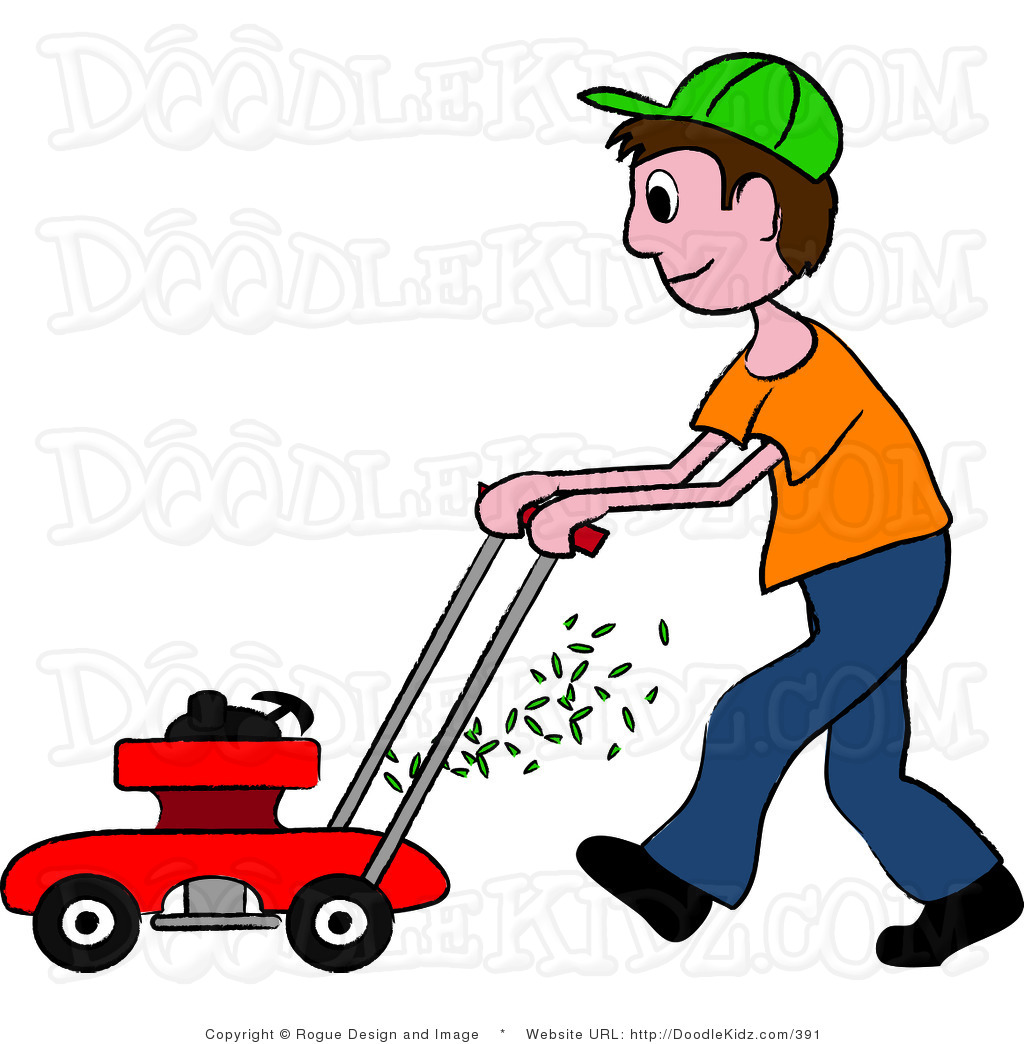 Illustration Of A Teenage Boy Mowing The Lawn In Black And Wallpaper