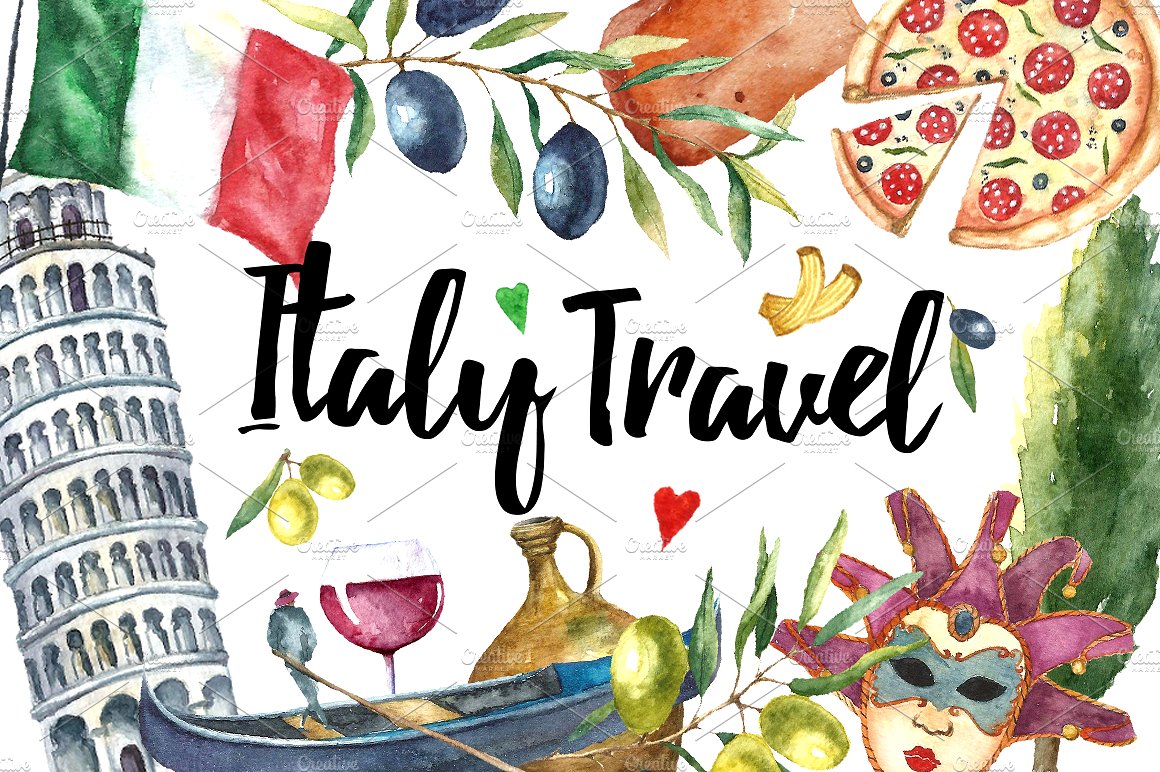 Italy travel icons landmarks 