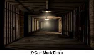 ... Jail Corridor And Cells - A corridor in a prison at night.