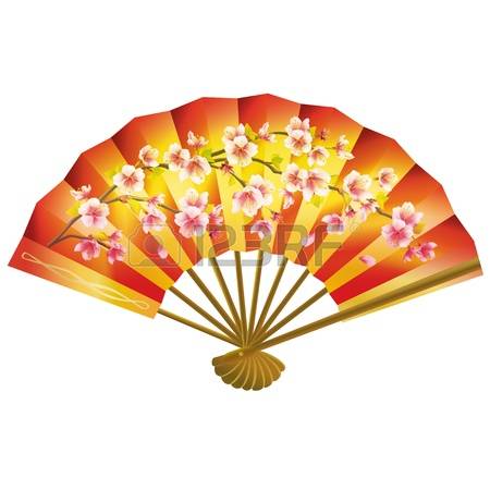 japanese fan: Colorful Japanese fan with sakura blossom pattern isolated on white background. Vector